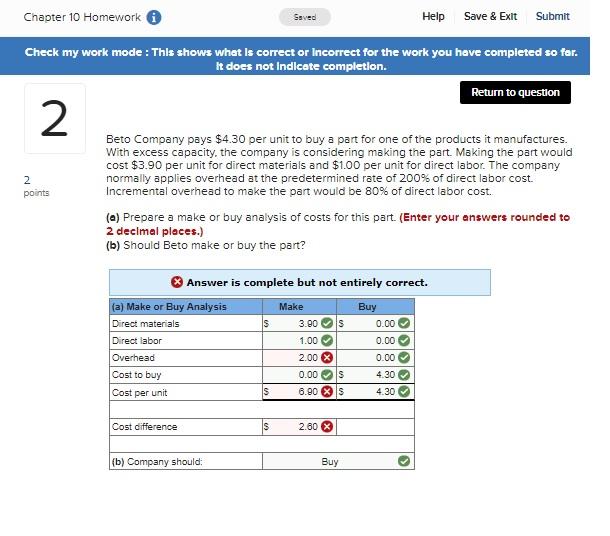  Chapter 10 Homework Saved Help Save & Exit Submit Check my