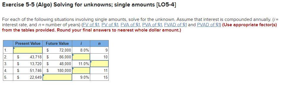  Exercise 5-5 (Algo) Solving for unknowns; single amounts [LO5-4] For each