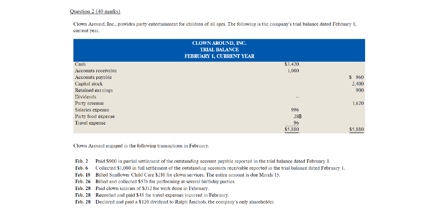 Question 2d) Question 2 (40 marks) Clown Around, Inc., provides party entertainment