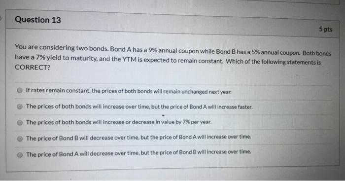  Question 13 5 pts You are considering two bonds. Bond A