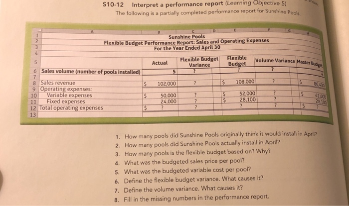 S10-12 Interpret a performance report (Learning Objective 5) The following is