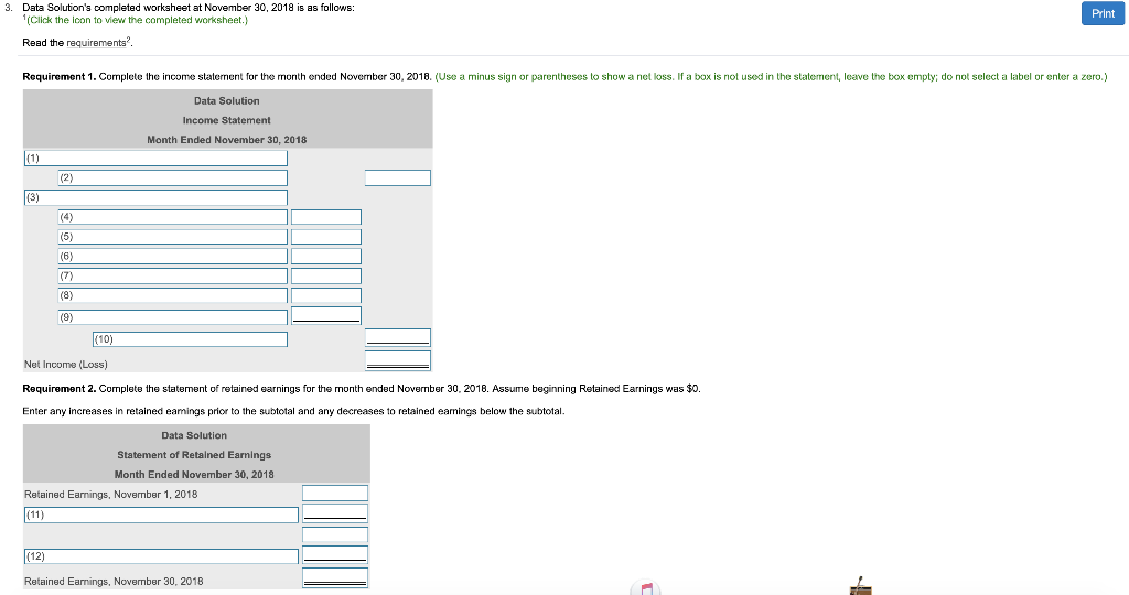 Print 3. Data Solution's completed worksheet at November 30, 2018 is