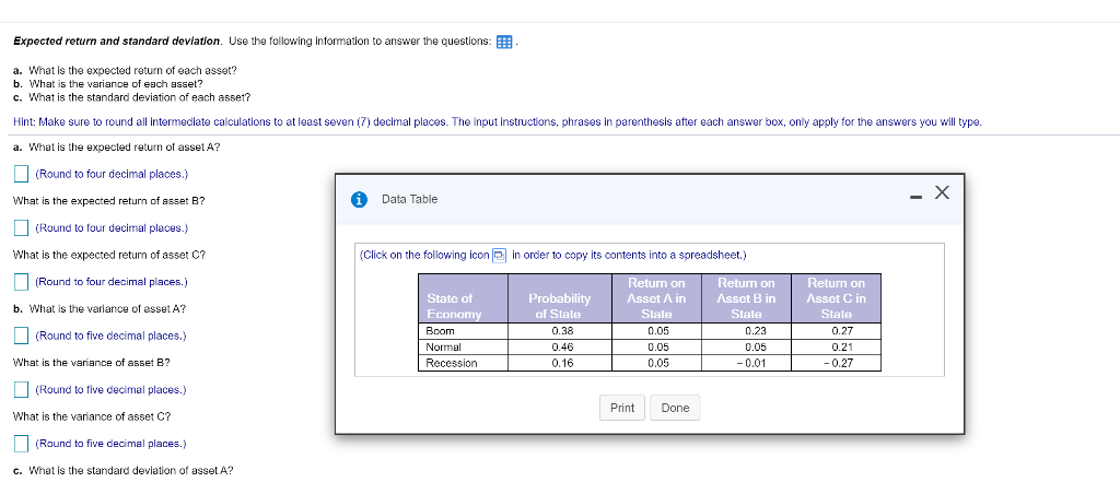  Expected return and standard deviation. Use the following information to answer