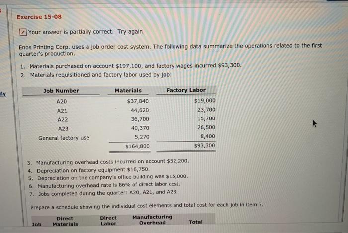  Exercise 15-08 Your answer is partially correct. Try again. Enos Printing