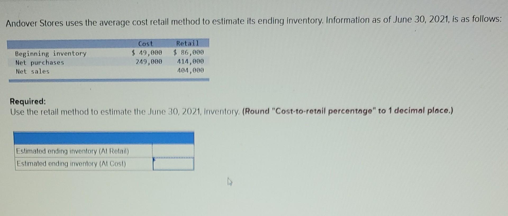  Andover Stores uses the average cost retail method to estimate its