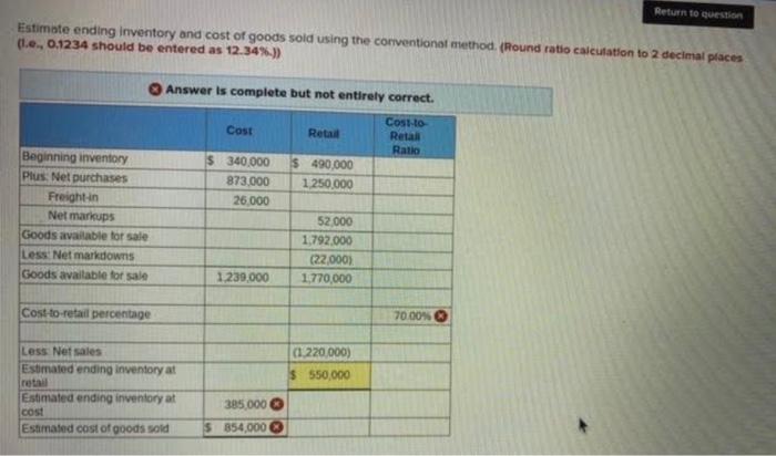 A b Return to question Estimate ending Inventory and cost of goods