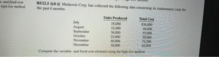  - and fixed-cost high-low method. BE22.5 (LO 2) Markowis Corp. has