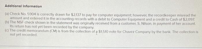 Chavez Company most recently reconciled its bank statement and book balances of
