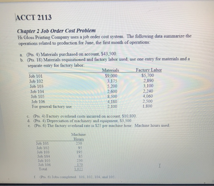  ACCT 2113 Chapter 2 Job Order Cost Problem Hi Gloss Printing