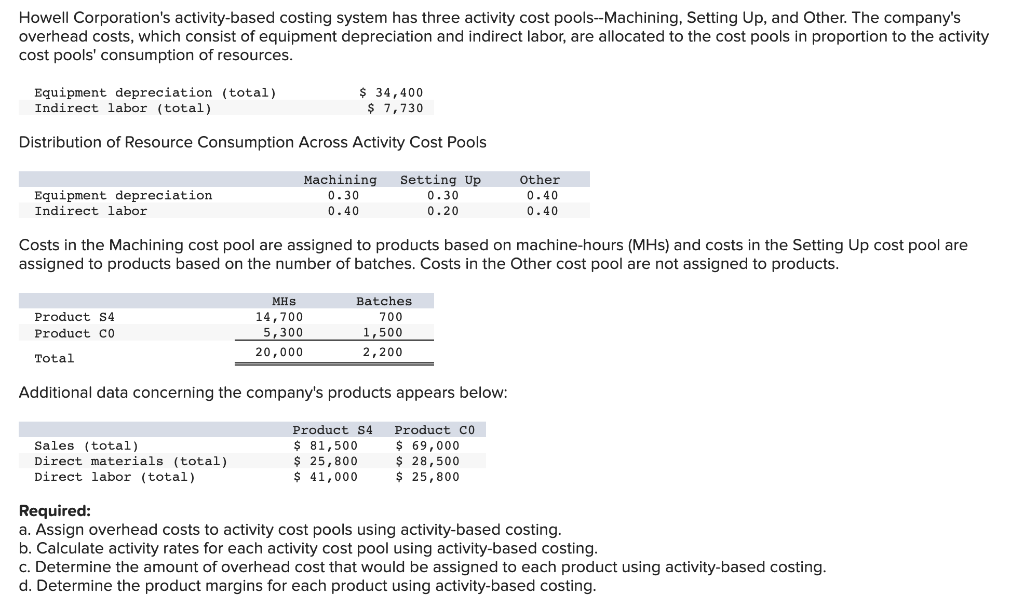 Howell Corporation's activity-based costing system has three activity cost pools--Machining, Setting