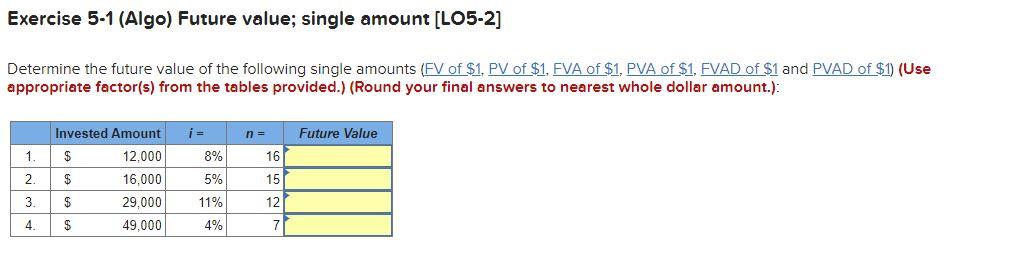  Exercise 5-1 (Algo) Future value; single amount [LO5-2] Determine the future