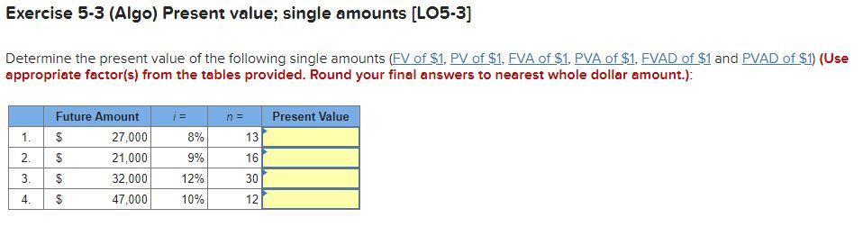 value of the following single amounts (FV of $1, PV of $1,