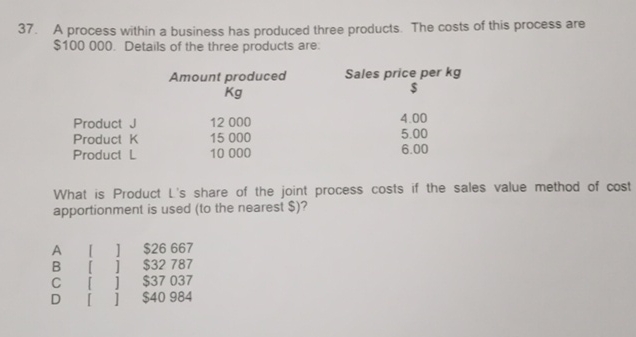  A process within a business has produced three products. The costs