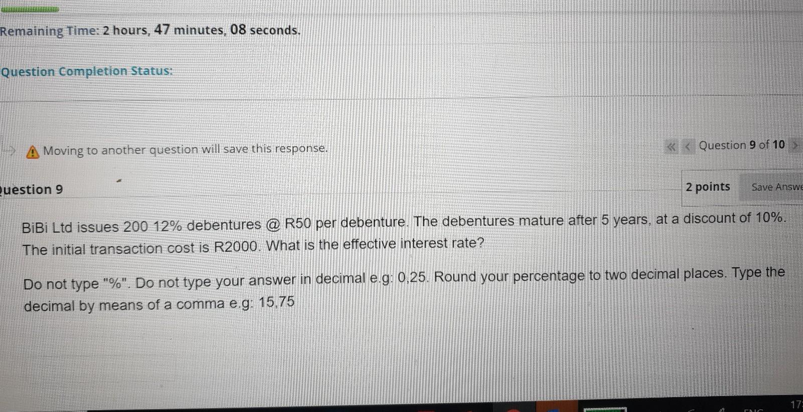 Remaining Time: 2 hours, 47 minutes, 08 seconds. Question Completion Status: