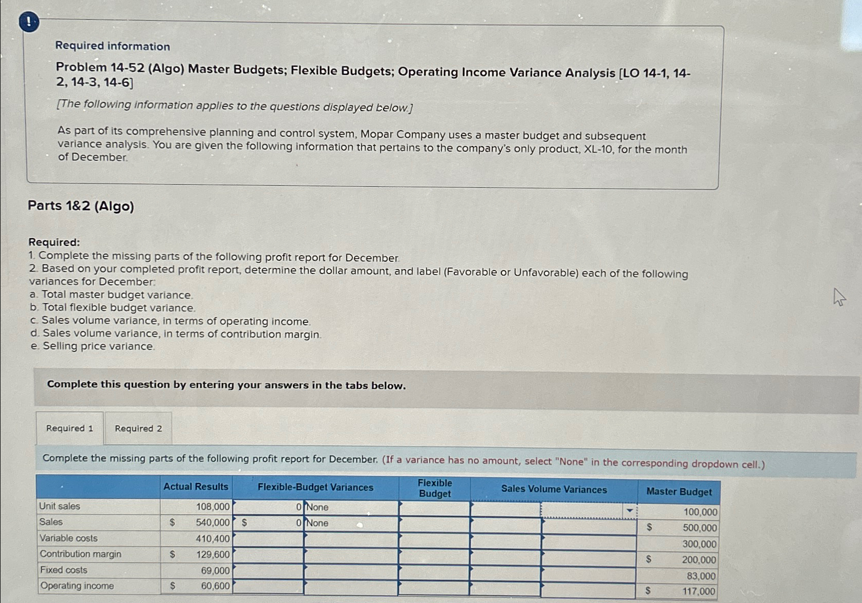  Required information Problem 14-52(Algo) Master Budgets; Flexible Budgets; Operating Income Variance
