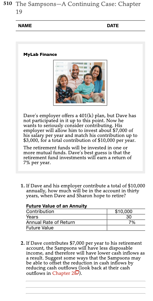510 The Sampsons-A Continuing Case: Chapter 19 NAME DATE MyLab Finance