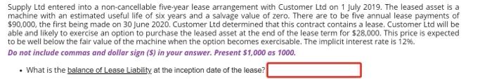 pls answer this Supply Ltd entered into a non-cancellable five-year lease arrangement