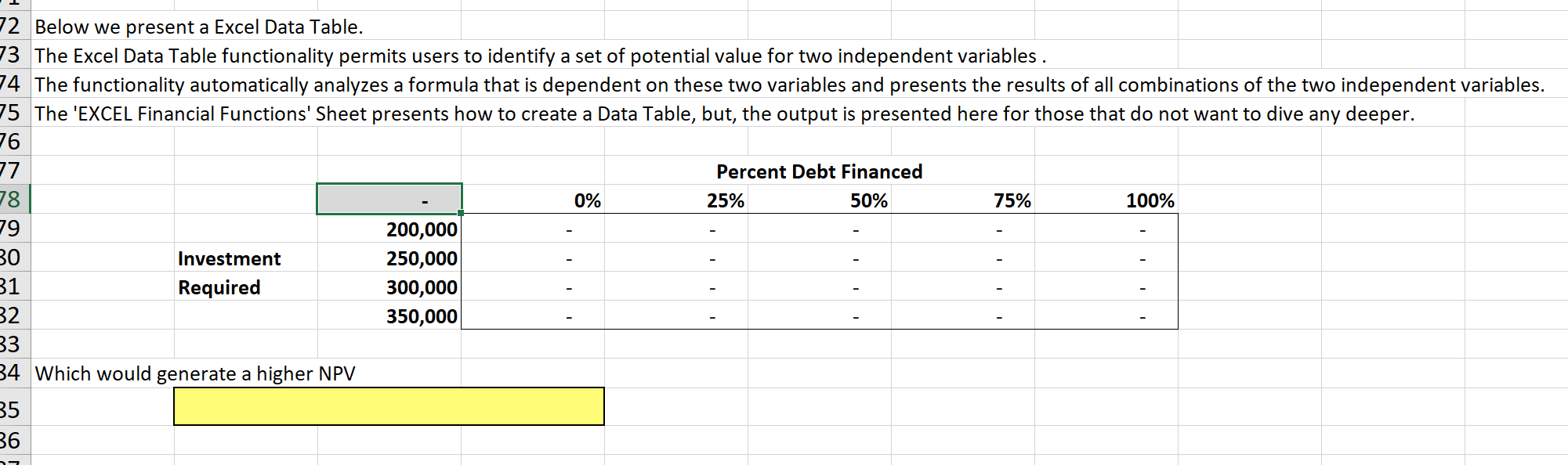  72 Below we present a Excel Data Table. 73 The Excel