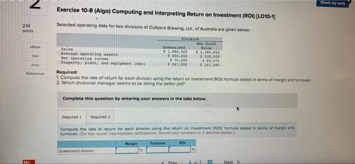  Check my work Exercise 10-8 (Algo) Computing and Interpreting Return on