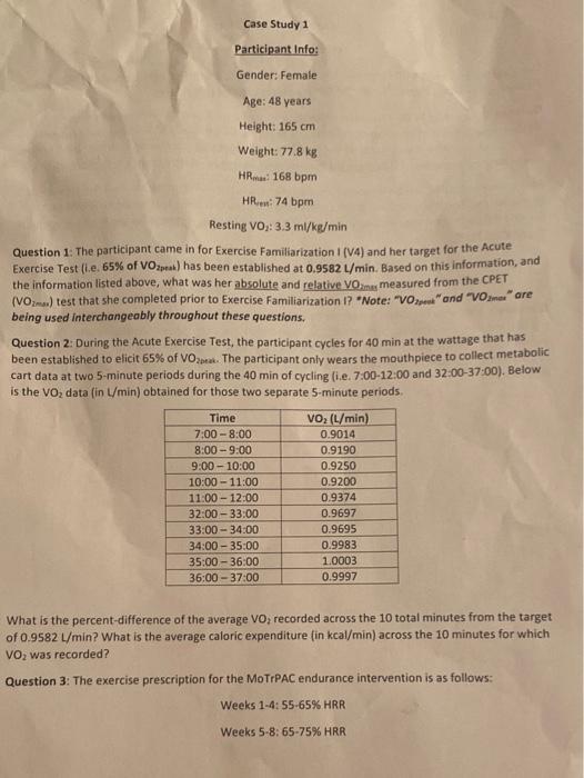  please answer questions 1-5 and show work. Case Study 1 Participant