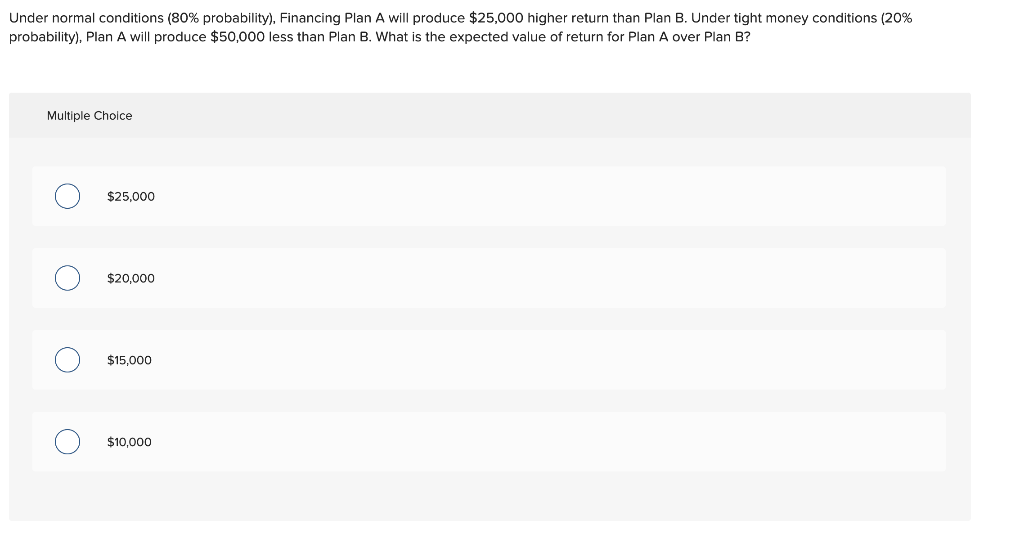  Under normal conditions (80% probability), Financing Plan A will produce $25,000