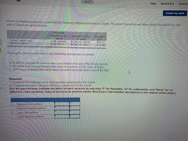  Saved Help Save & Exit Submit Check my work Huron Company