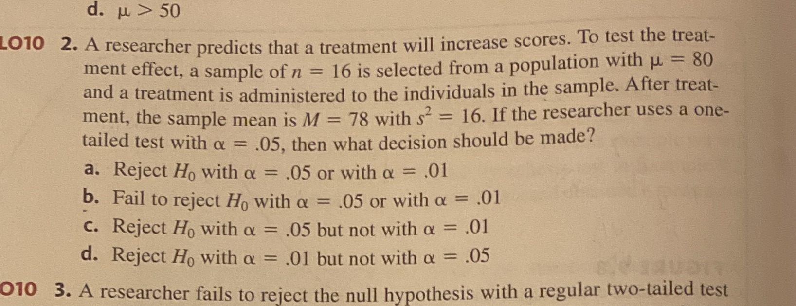 Please show how to get to answer? d. u > 50 LO10
