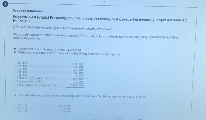  Required information Problem 2-4A (Static) Preparing job cost sheets, recording costs,