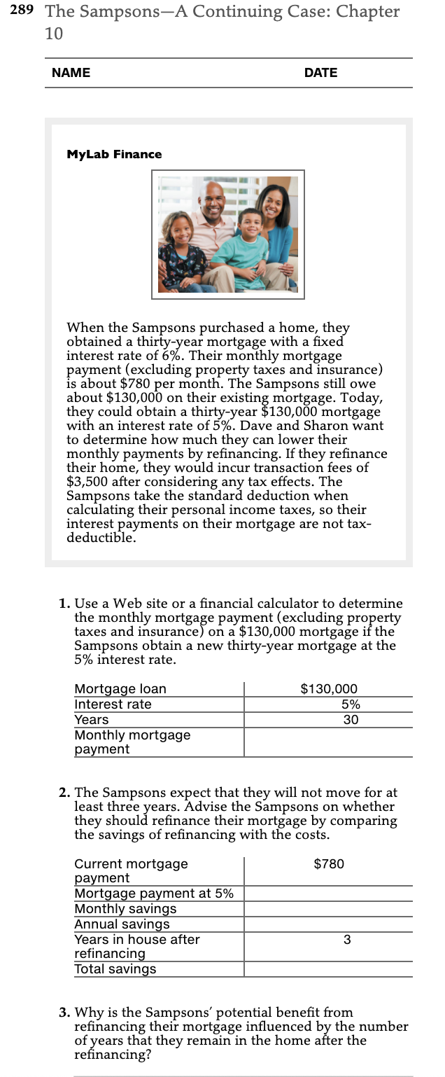  289 The Sampsons-A Continuing Case: Chapter 10 NAME DATE MyLab Finance
