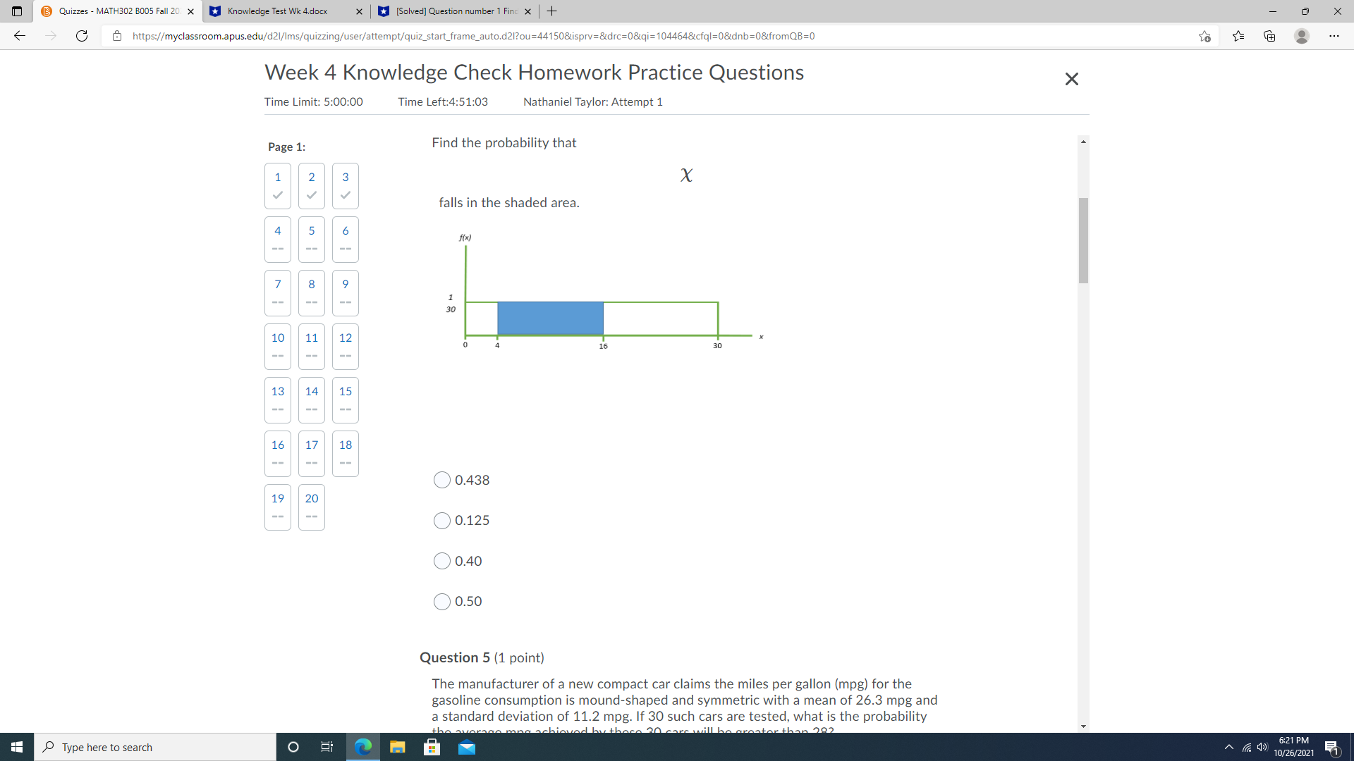 @ Quizzes - MATH302 8005 Fall 20 x * Knowledge Test