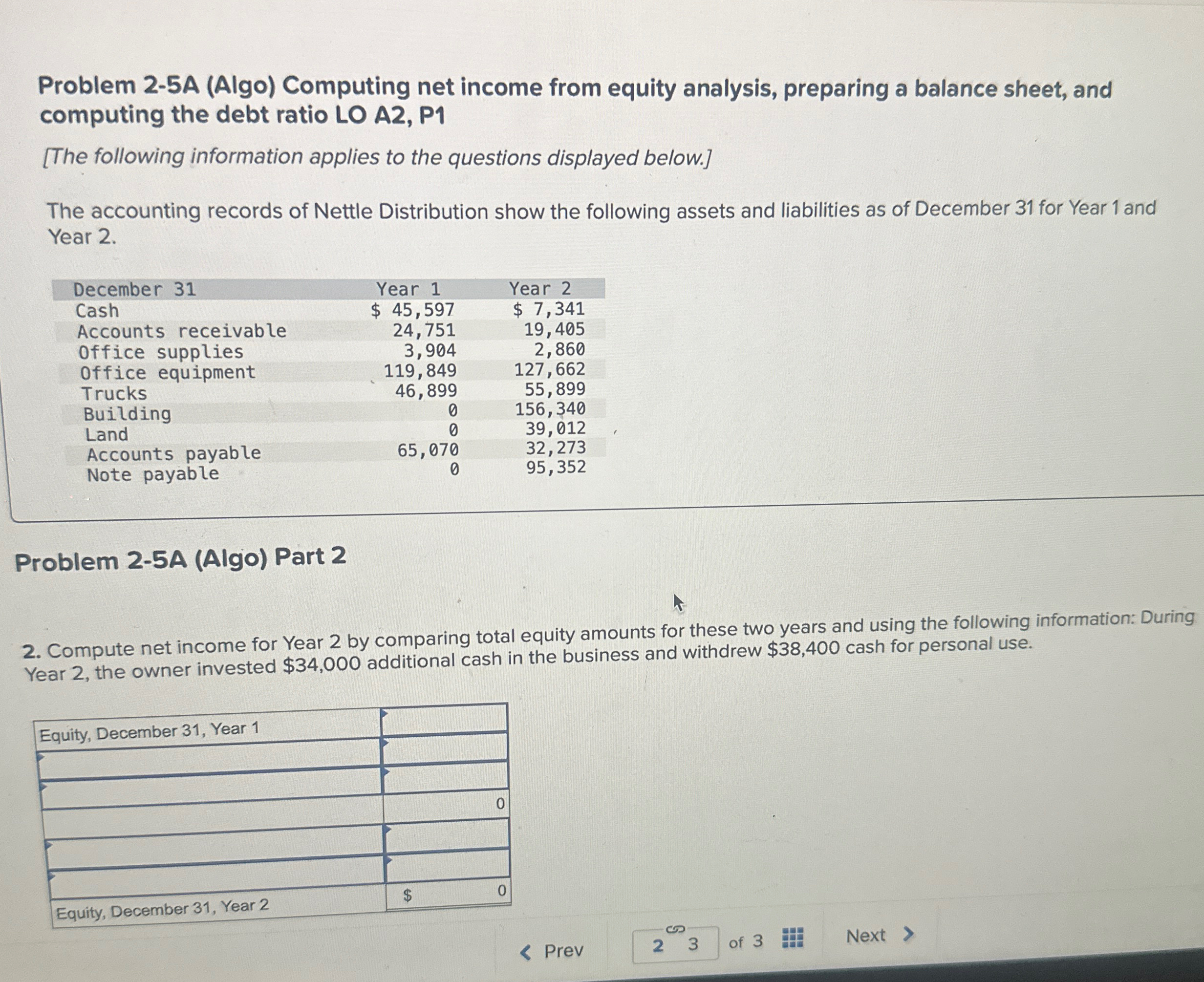  Problem 2-5A (Algo) Computing net income from equity analysis, preparing a