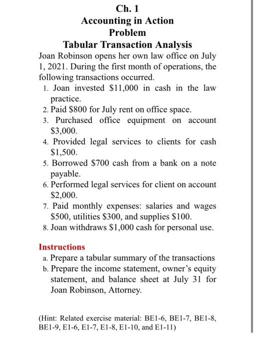  Ch. 1 Accounting in Action Problem Tabular Transaction Analysis Joan Robinson
