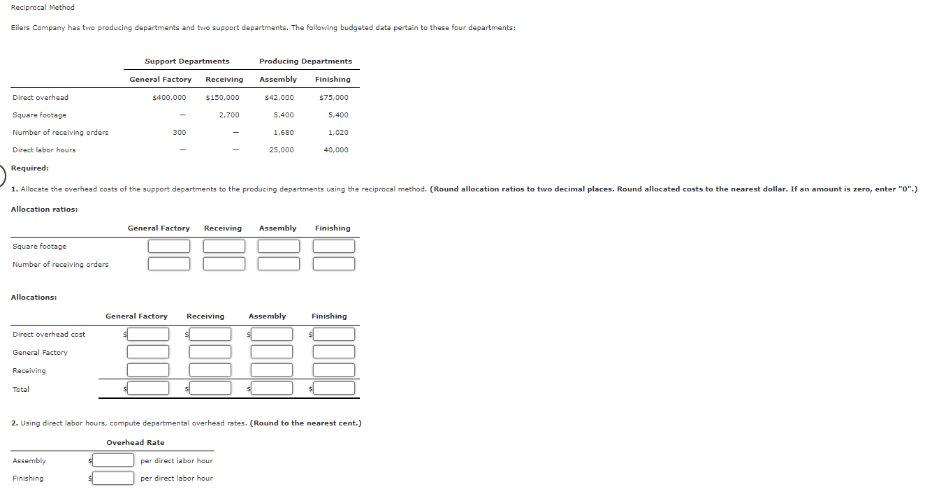 Reciprocal Method Eilers Company has two producing departments and two support