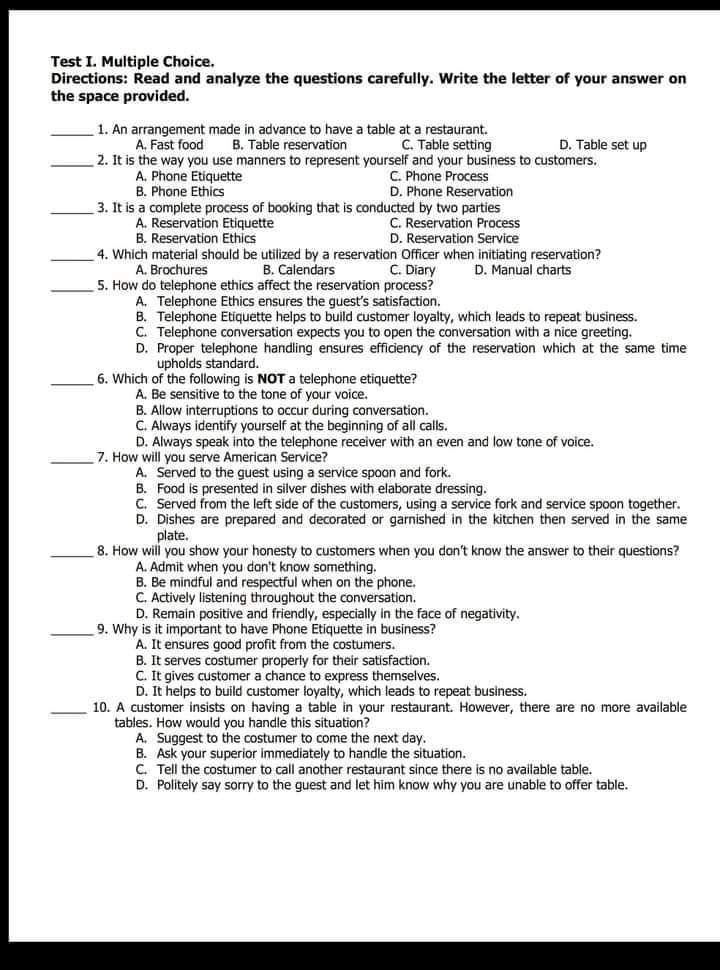  Test I. Multiple Choice. Directions: Read and analyze the questions carefully.