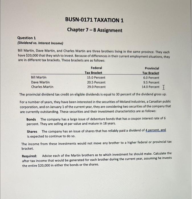  BUSN-0171 TAXATION 1 Chapter 7 - 8 Assignment Question 1 (Dividend