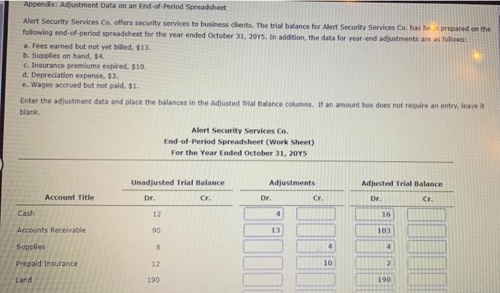  Appendix: Adjustment Data on an End-of-Period Spreadsheet Alert Security Services Co.