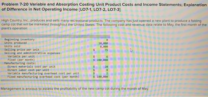  Problem 7-20 Variable and Absorption Costing Unit Product Costs and Income