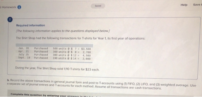  Saved Help Save 5 Homework O Required information The following information