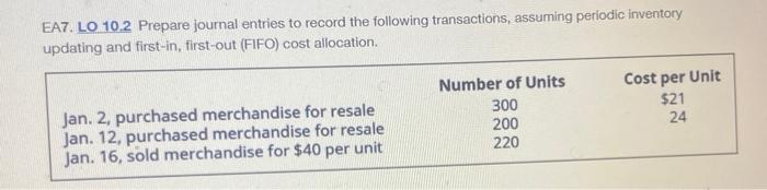 please make sure full answer can be seen EA7. LO 10.2 Prepare