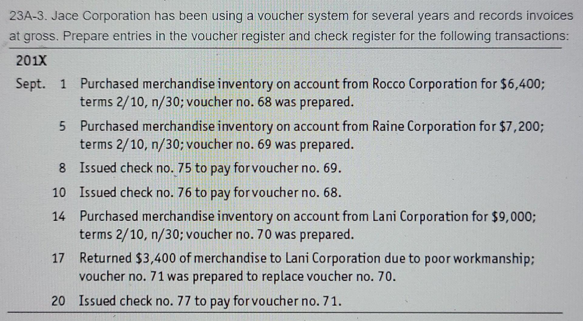  23A-3. Jace Corporation has been using a voucher system for several