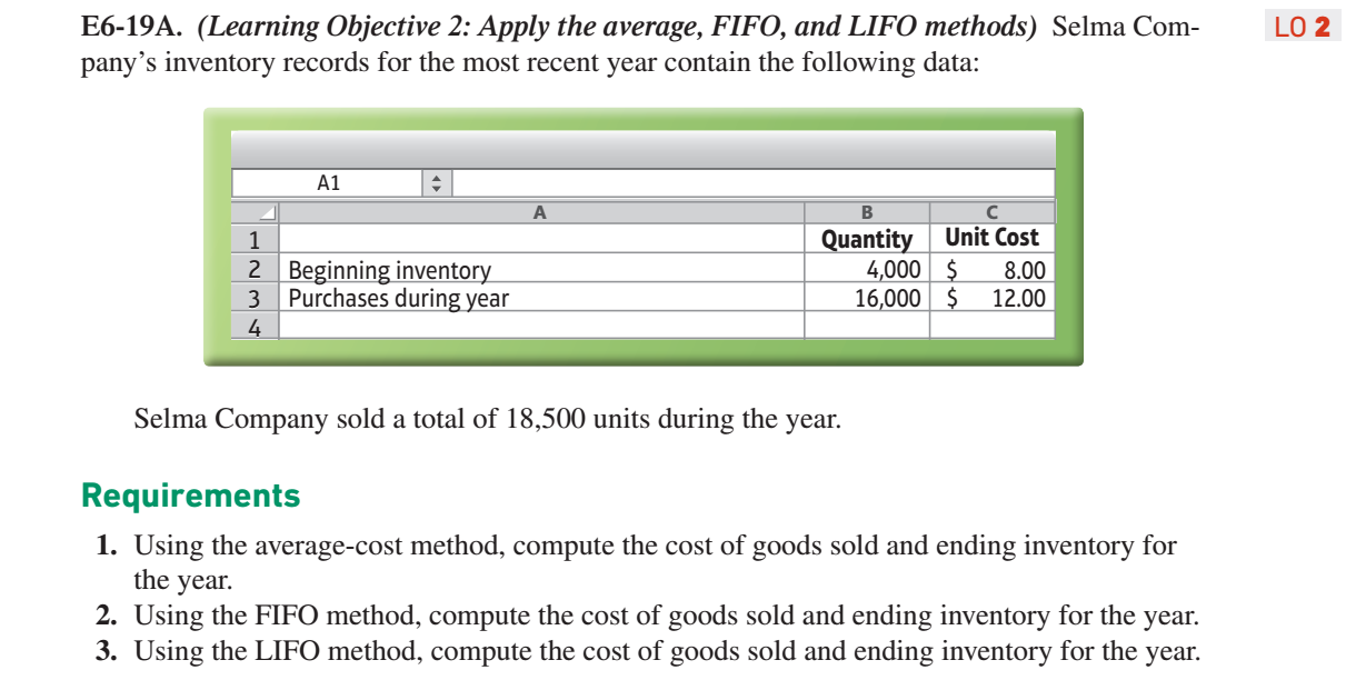  LO 2 E6-19A. (Learning Objective 2: Apply the average, FIFO, and
