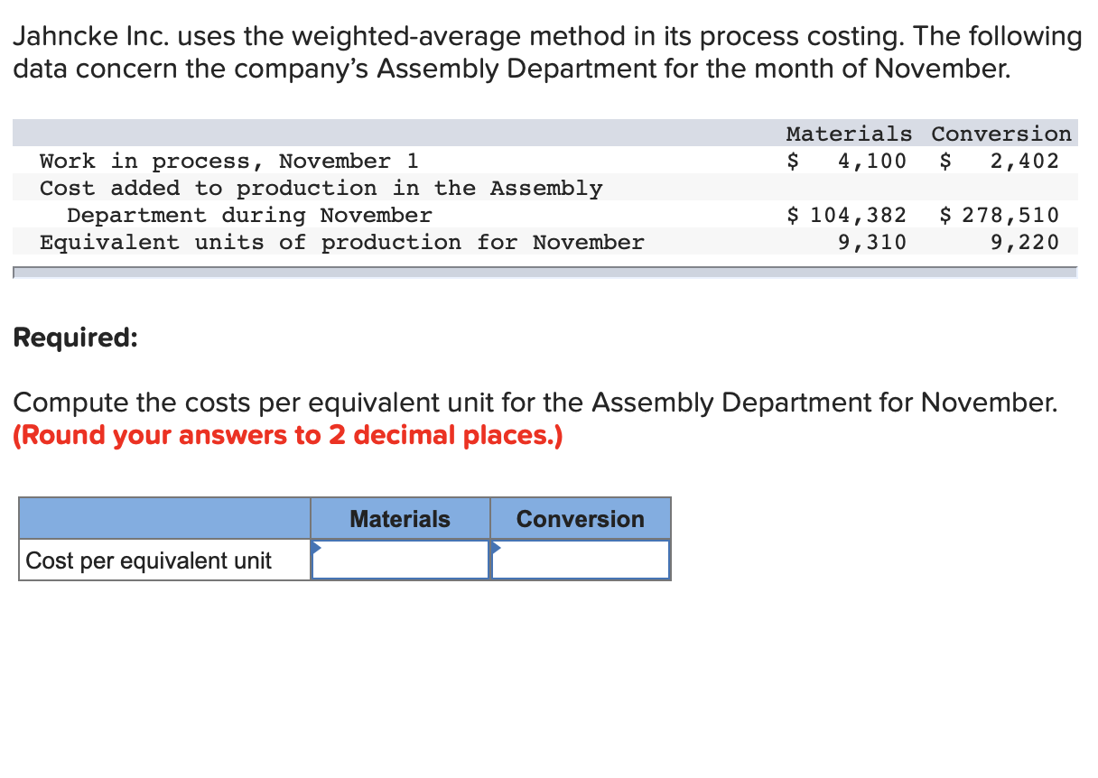  Jahncke Inc. uses the weighted-average method in its process costing. The