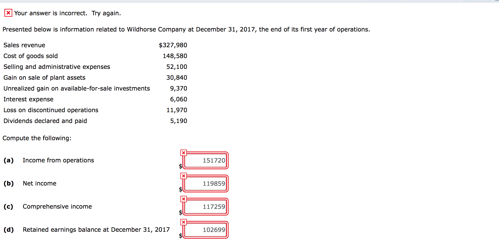  x Your answer is incorrect. Try again. Presented below is information
