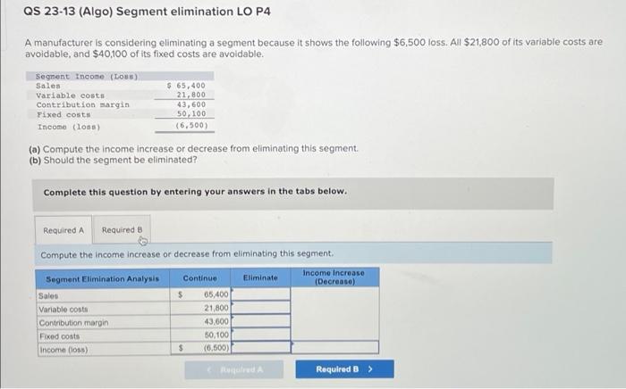 please answer all QS 23-13 (Algo) Segment elimination LO P4 A manufacturer
