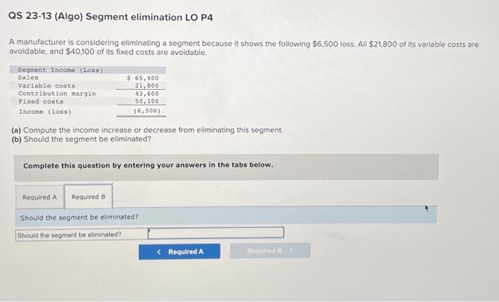 is considering eliminating a segment because it shows the following $6,500 loss.