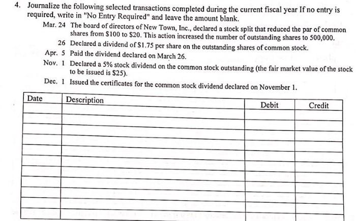 4. Journalize the following selected transactions completed during the current fiscal