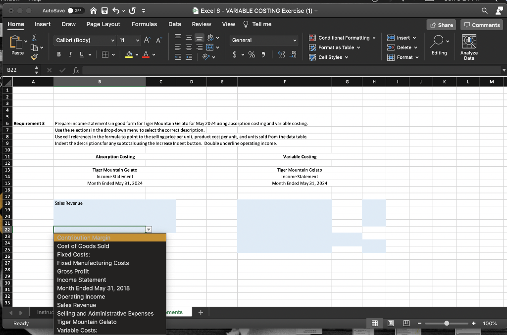 USED!! OOC AutoSave OFF Excel 6 - VARIABLE COSTING Exercise (1) Q
