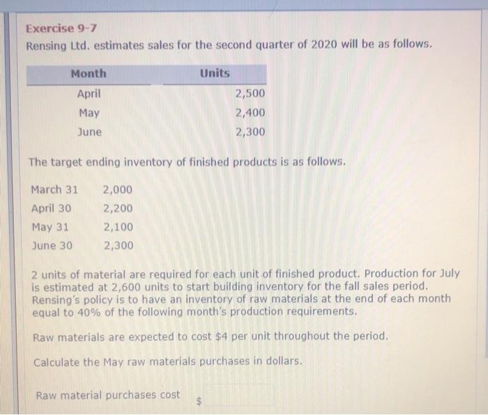  Exercise 9-7 Rensing Ltd. estimates sales for the second quarter of