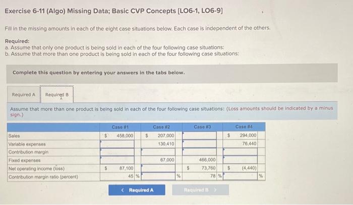 in the missing amounts in each of the eight case situations below.