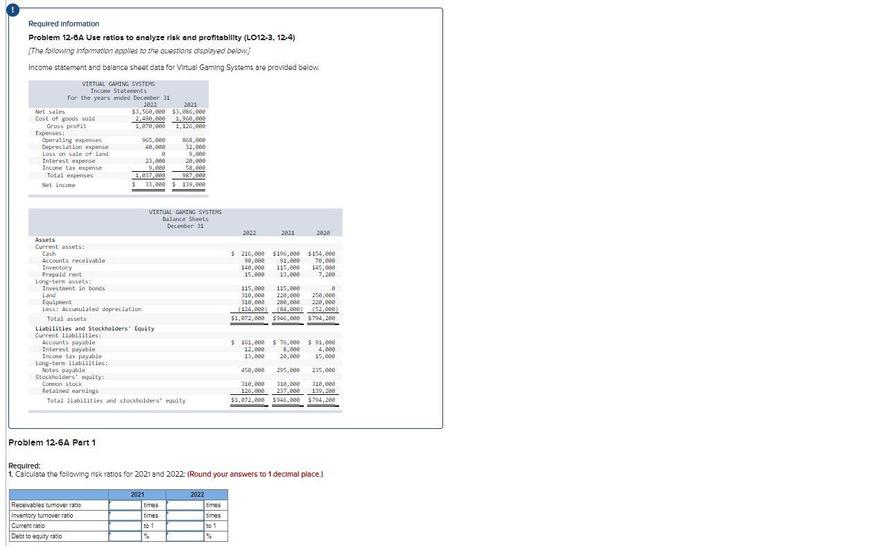  Required information Problem 12-8A Use ratlos to analyze risk and profitablllty